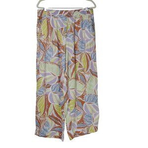 C&C CALIFORNIA XL 100% Linen Tropical Floral Wide Leg Crop Pants Beach Boho